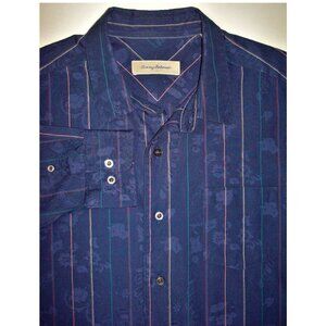 TOMMY BAHAMA Blue Floral Paisley, Multi-Color Striped Silk Blend LS Shirt